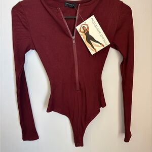 Naked Wardrobe Burgundy Ribbed Zip-Front Bodysuit - Long Sleeve